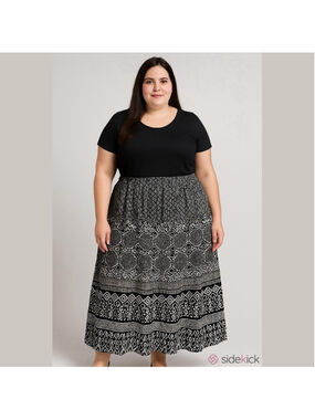 Women's Club Z Collection Plus 3X Black White Printed Maxi Skirt Cotton